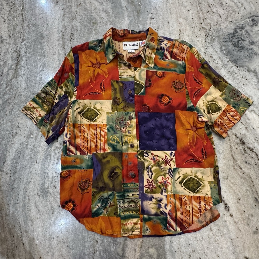 VTG On The Verge Blouse Button Down Women's L Made USA Colorful Boho 90s Flower